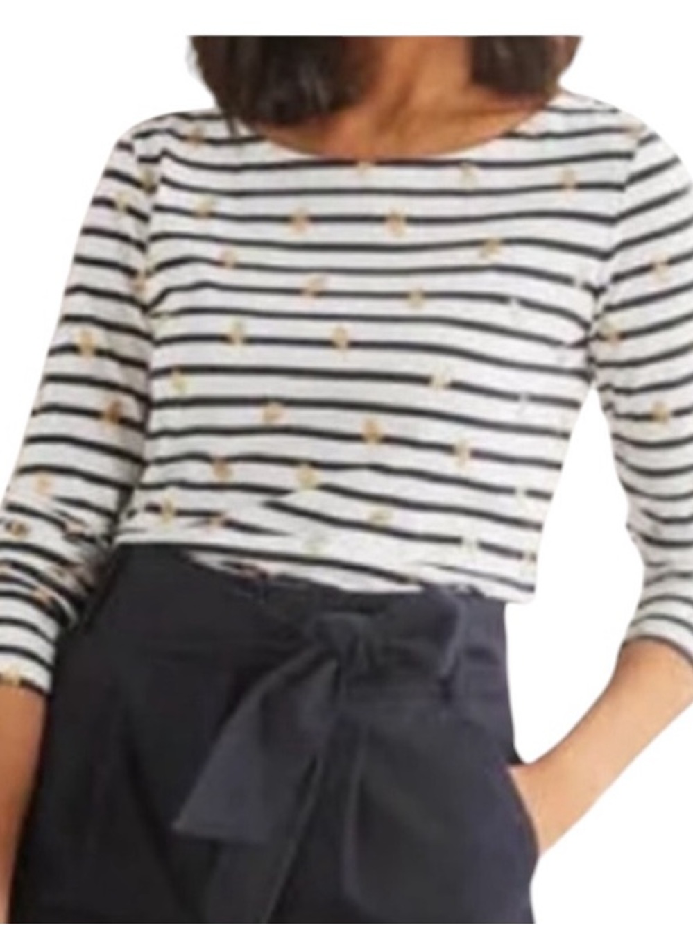 Boden Breton Stripe Long Sleeve Navy/White Gold Foil Dots Top Size 14 Orig $99